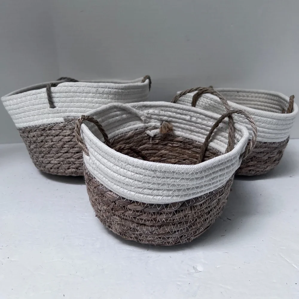 Set‎ of 3 Woven Hanging Baskets White Brown Cotton Rope Seagrass Boho Decor READ